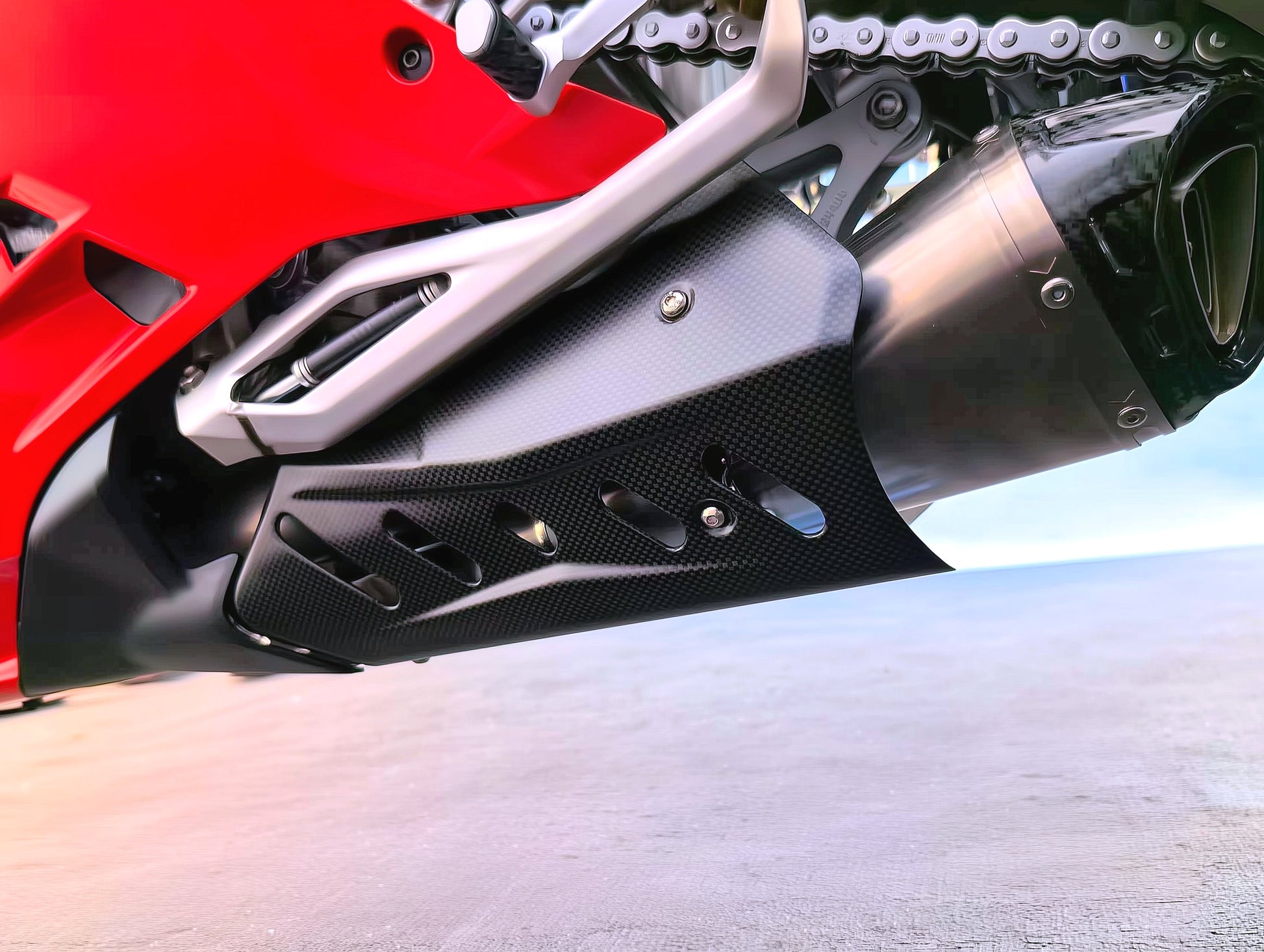 Close up view of Ducati PanigaleV4 Titanium Slip-On exhausts.