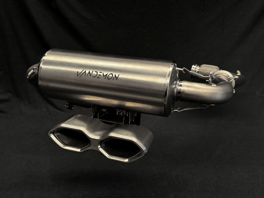 Close-up of modern dual-exhaust system on motorcycle.