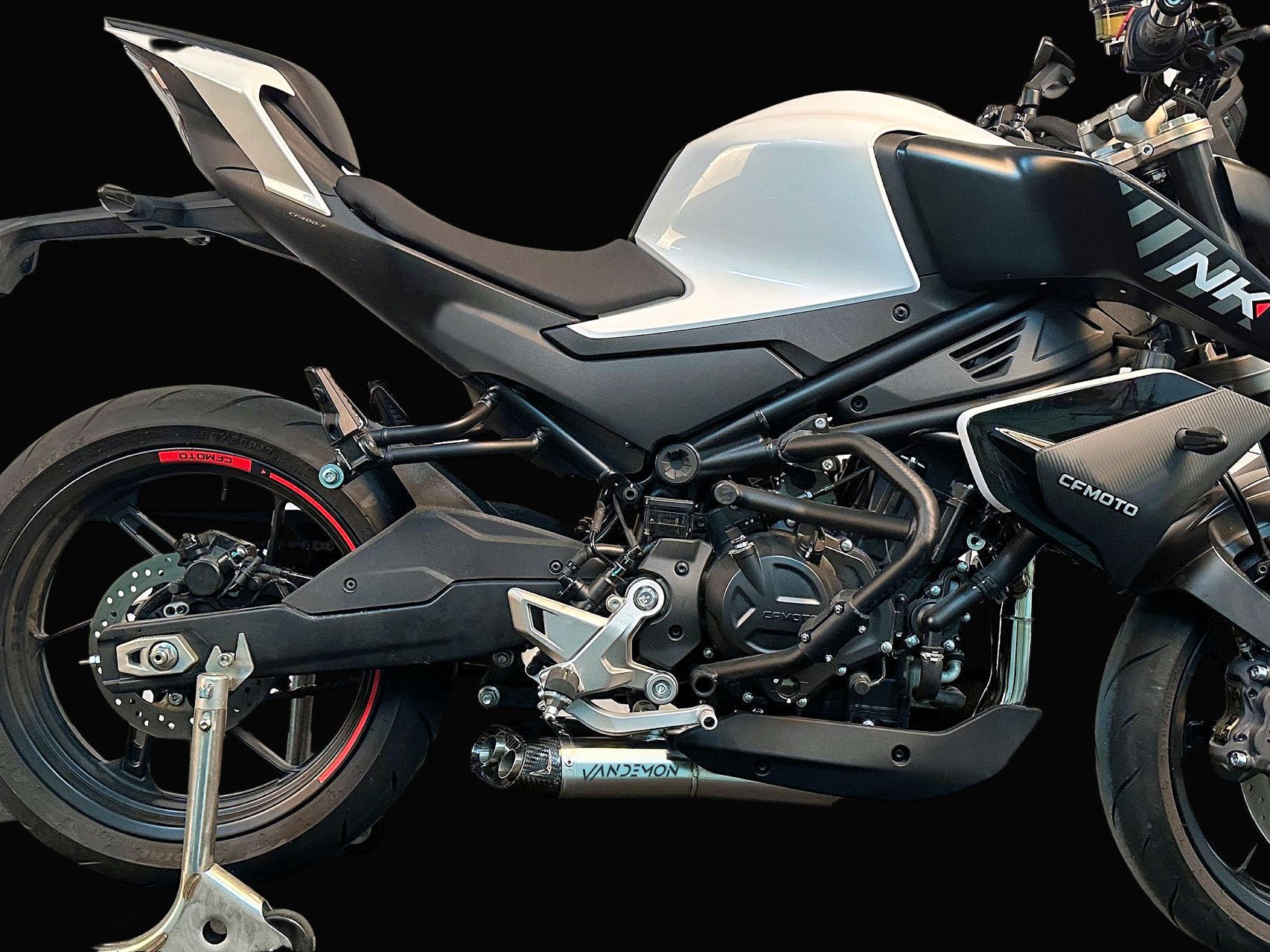 A motorcycle featured on a black backdrop