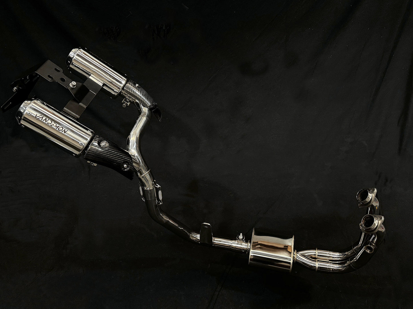 Close-up image of a motorcycle with dual exhaust pipes