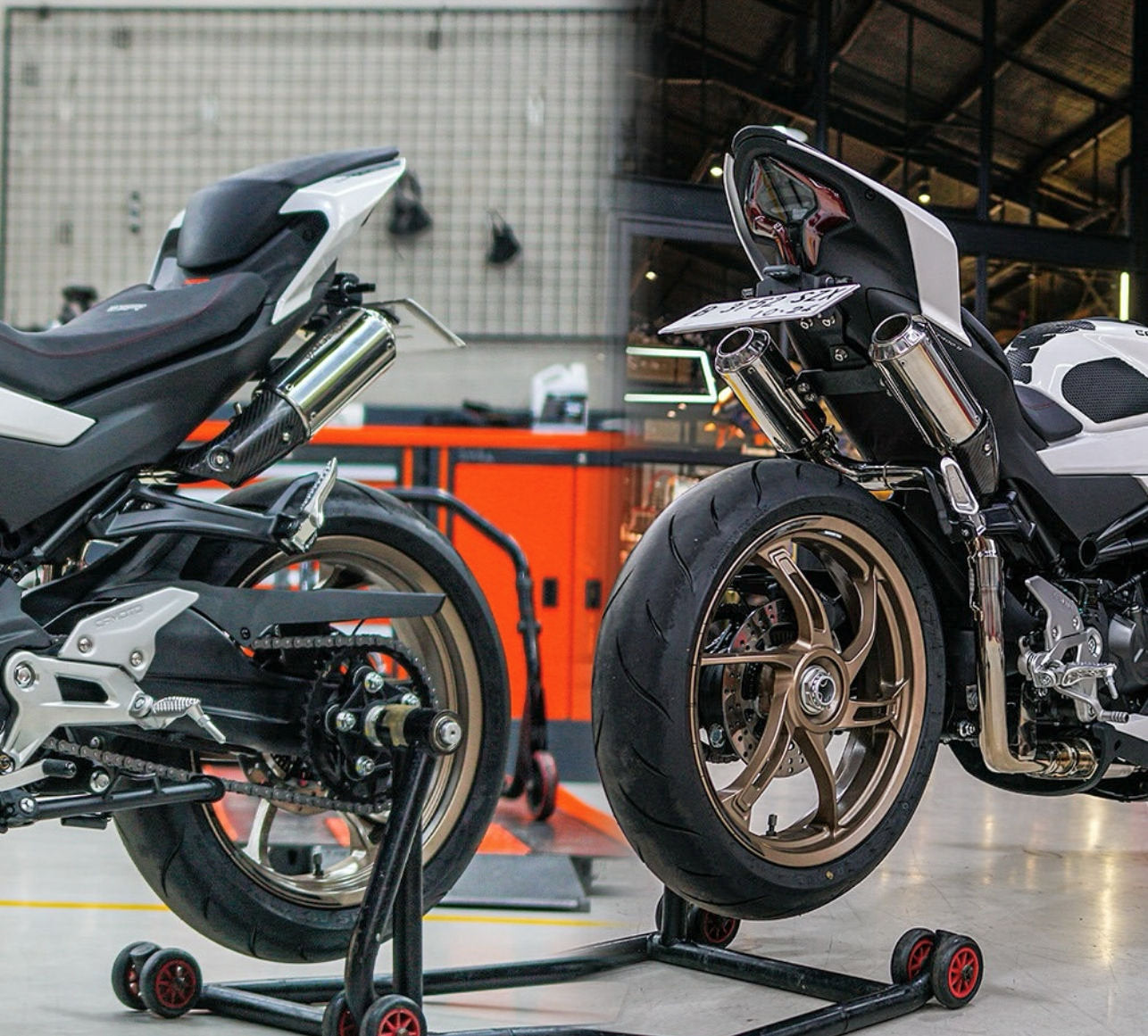 motorcycles prominently displayed in a warehouse