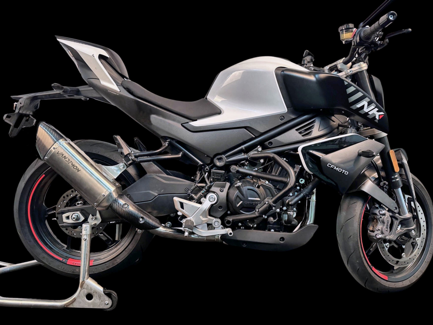 A motorcycle positioned on a black background