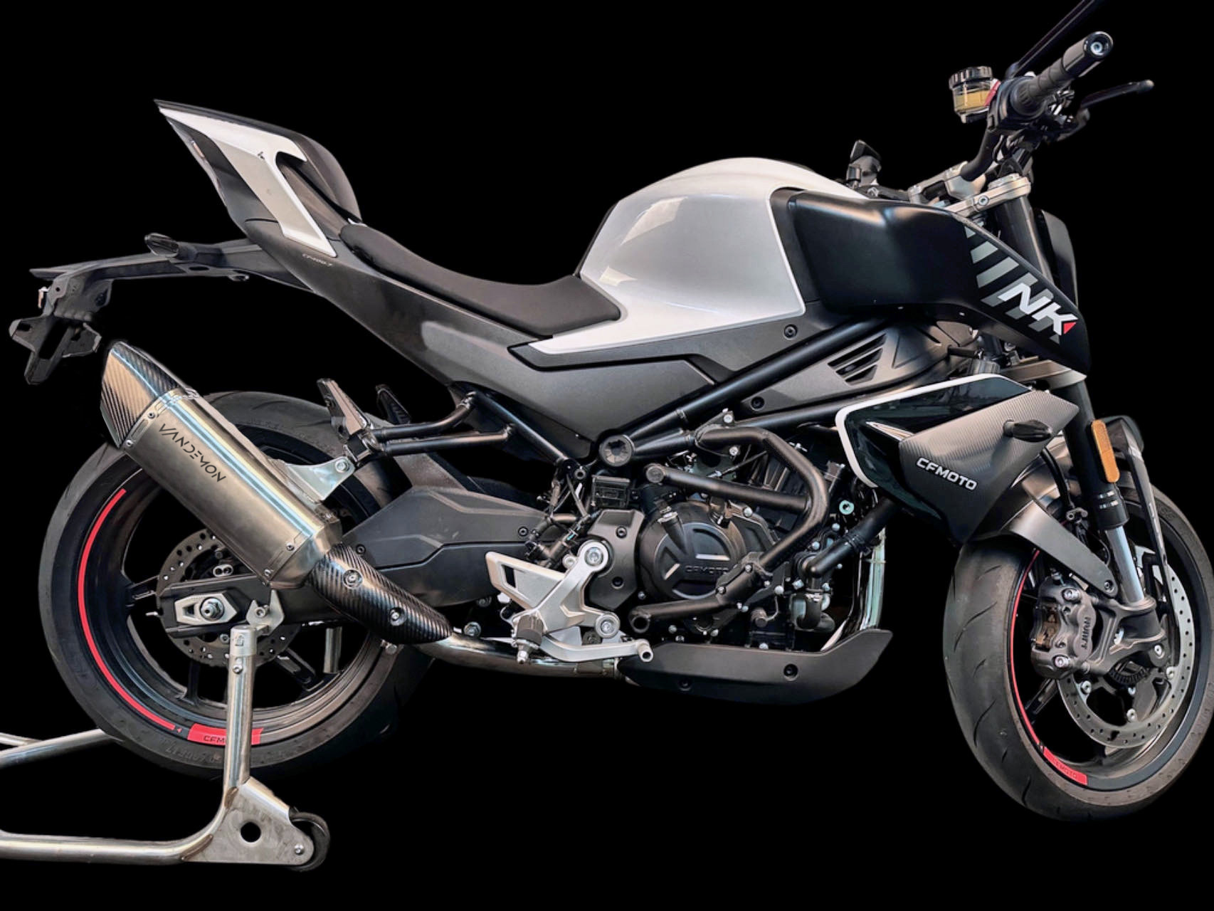 A motorcycle positioned on a black background
