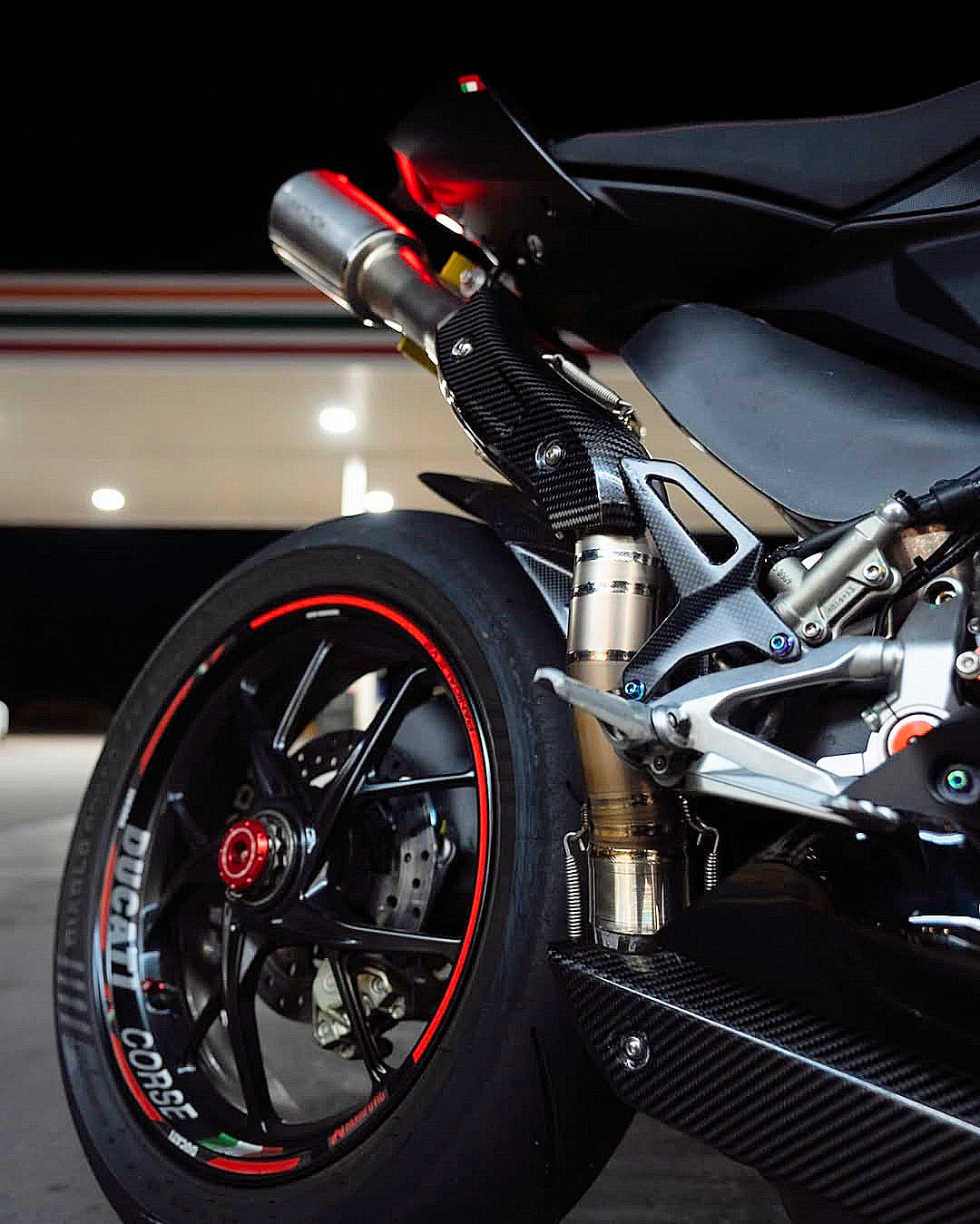 A Close up of Ducati V2 Panigale High Mount Slip-On Exhausts.