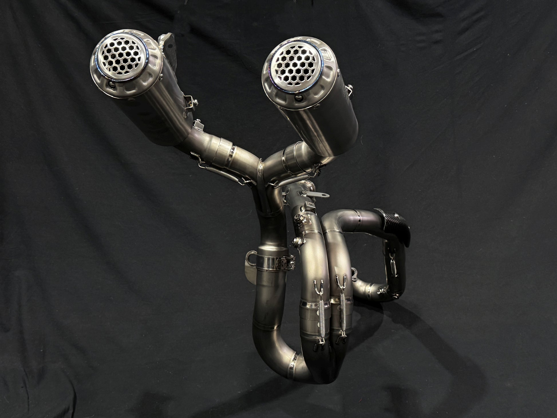 Hyper Motard 950 Titanium Exhaust Mesh Covers Installed.