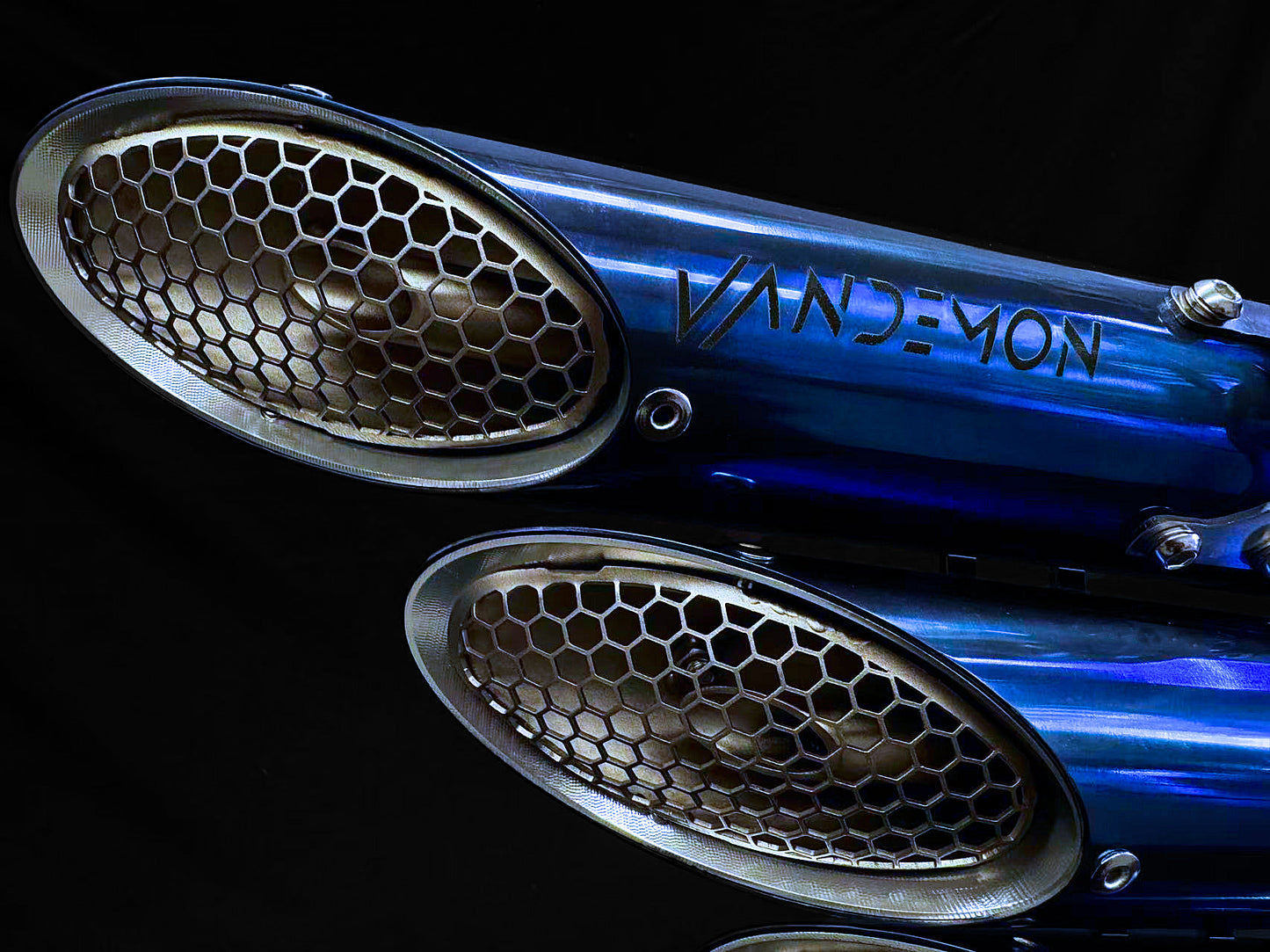 A close up of a motorcycle exhausts.