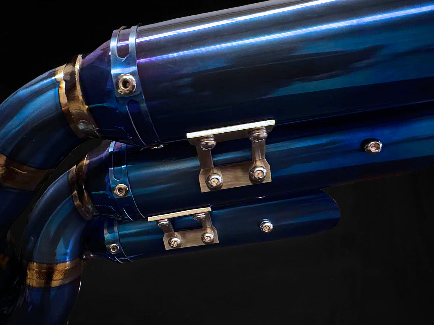 A Close up view of a blue exhausts pipe and its metal nut.