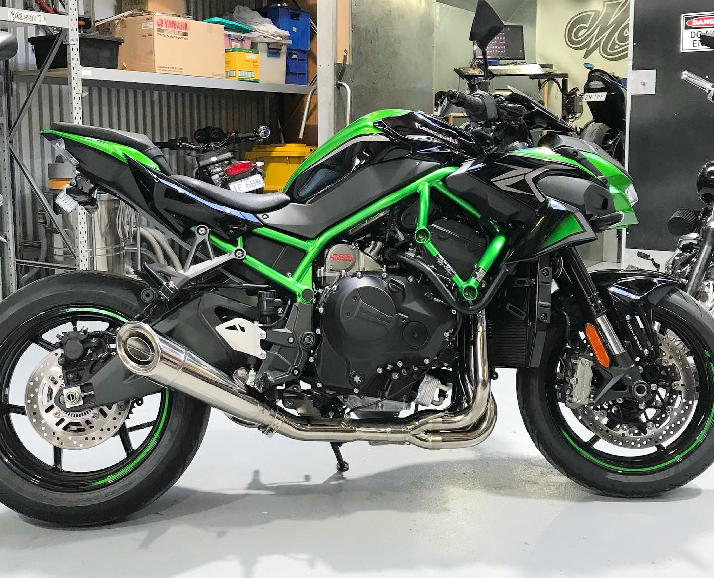Close-up of green and black sport motorcycle