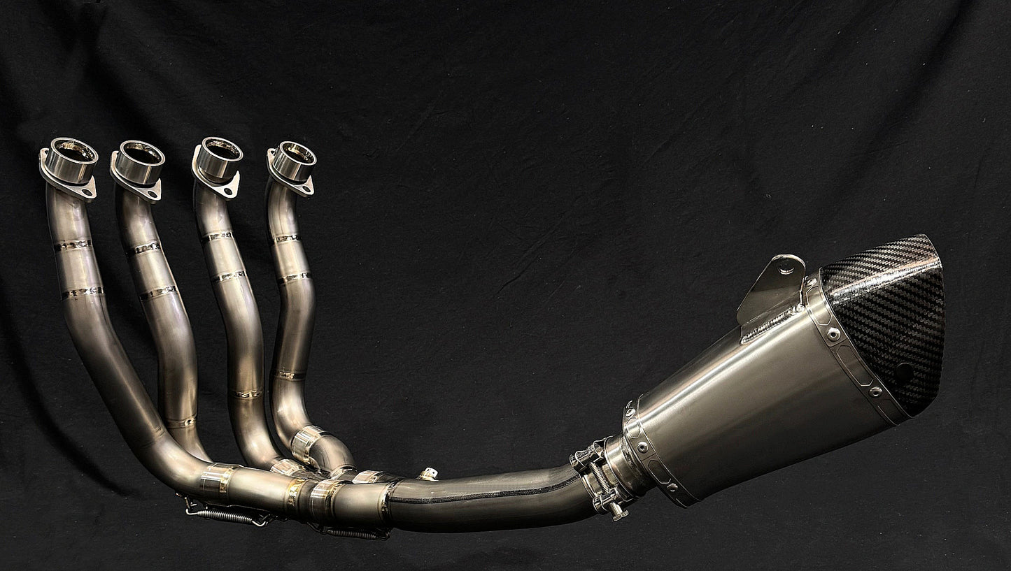 Modern motorcycle exhaust system, intricate design.