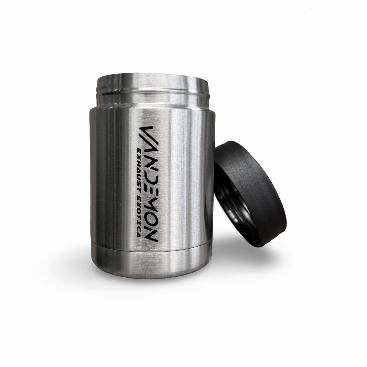 Stainless steel container with black lid on a white background