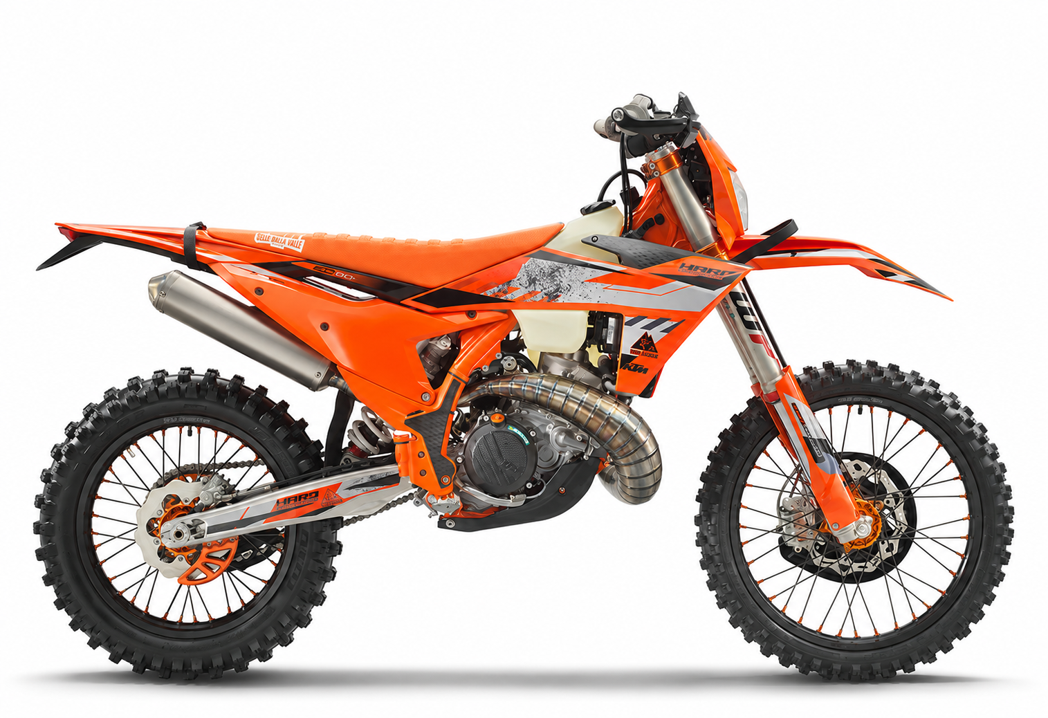 An orange and black KTM dirt bike shown in a side profile view against a clean white background.