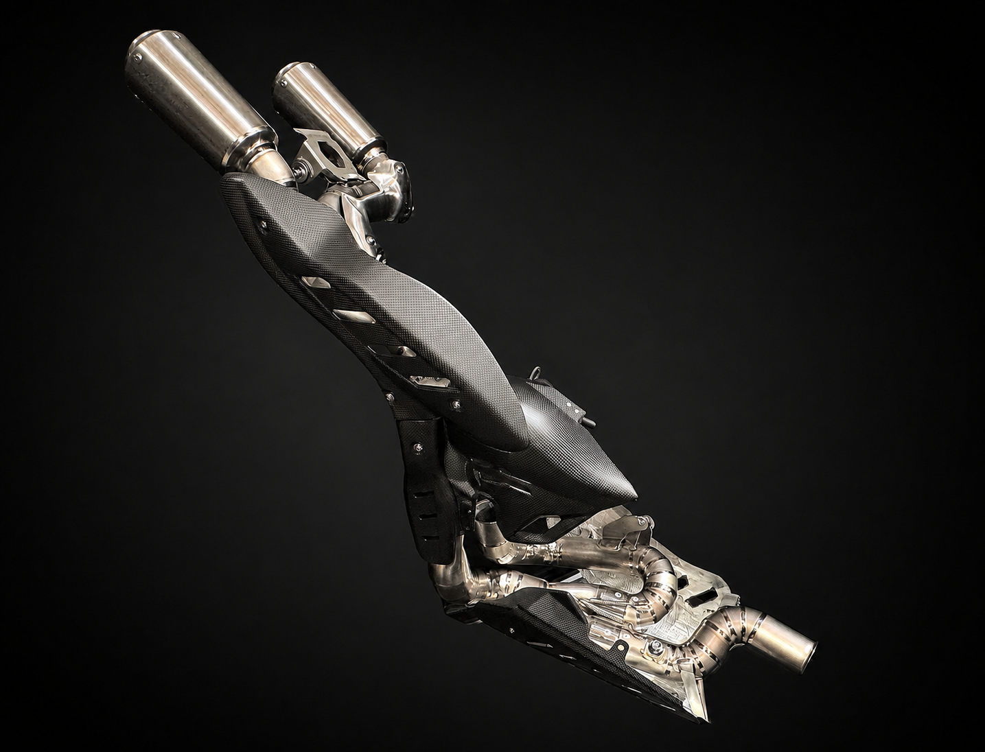 A custom metallic motorcycle seat with dual exhaust pipes and intricate mechanical detailing, shown against a solid black background.