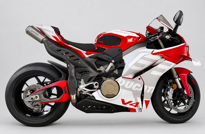 A Ducati V4 sport motorcycle in a red, white, and black livery, photographed from a side profile against a neutral light grey background.