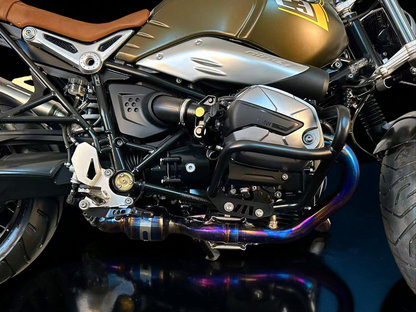 Close-up of a BMW motorcycle engine with metallic finish