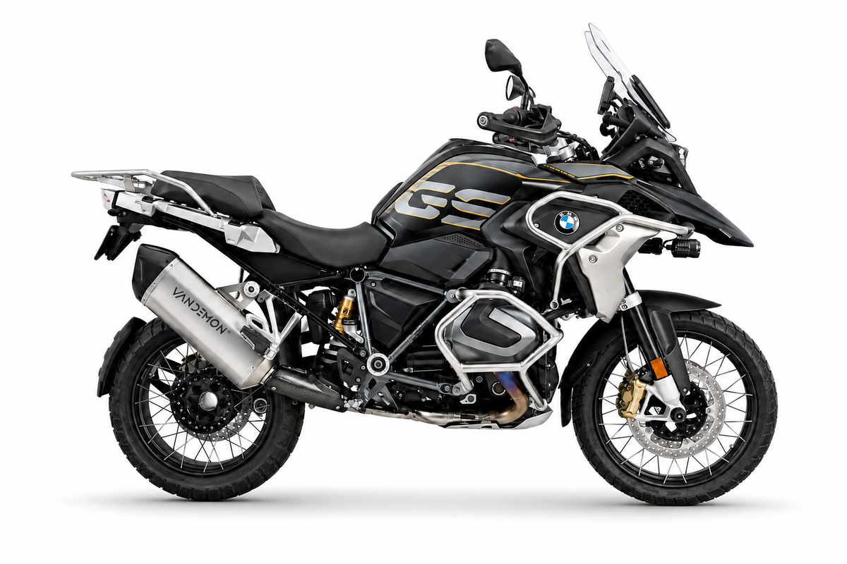 A BMW R12 Adventure motorcycle in black, silver, and gold, shown from a side profile against a plain white background.