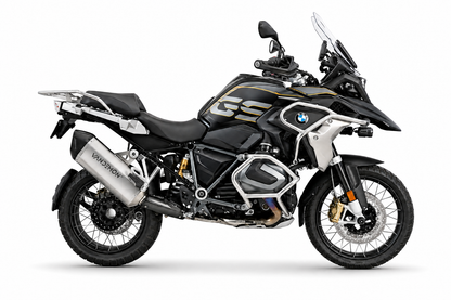 A BMW R12 Adventure motorcycle in black, silver, and gold, shown from a side profile against a plain white background.