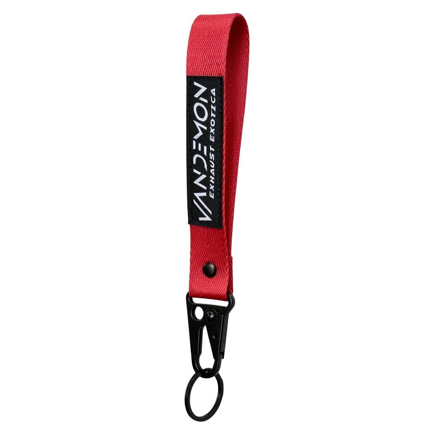 Red lanyard with a black clip and brand label on a white background