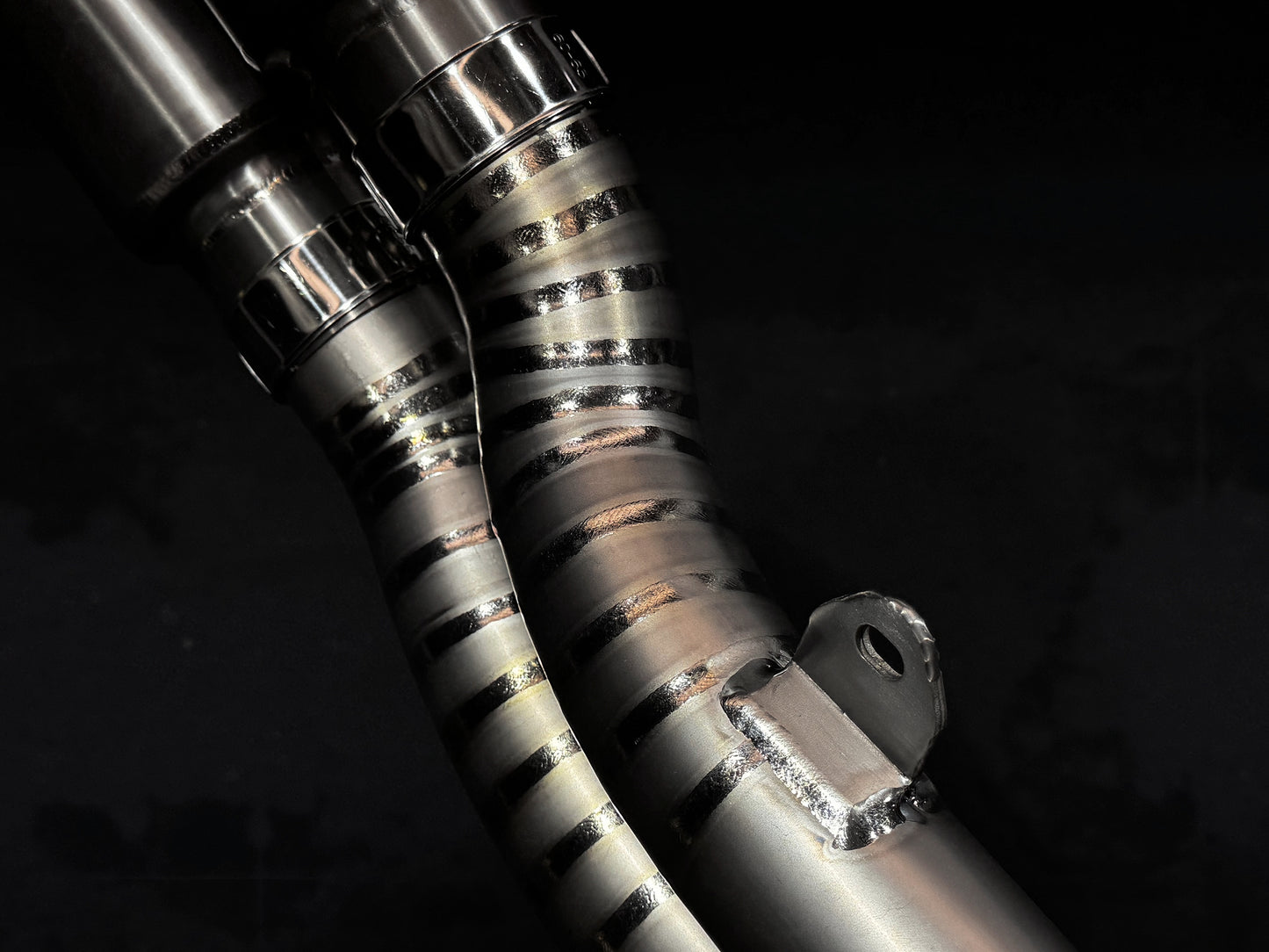 A close up view of titanium exhausts headers.