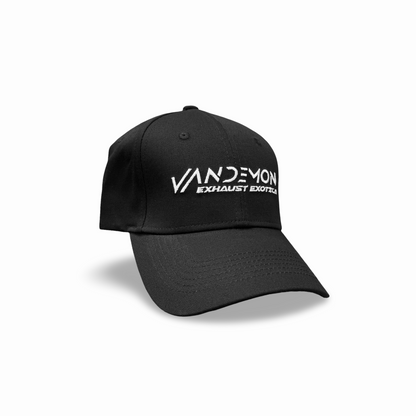 Black cap with 'Vandemon Exhaust' logo on a white background