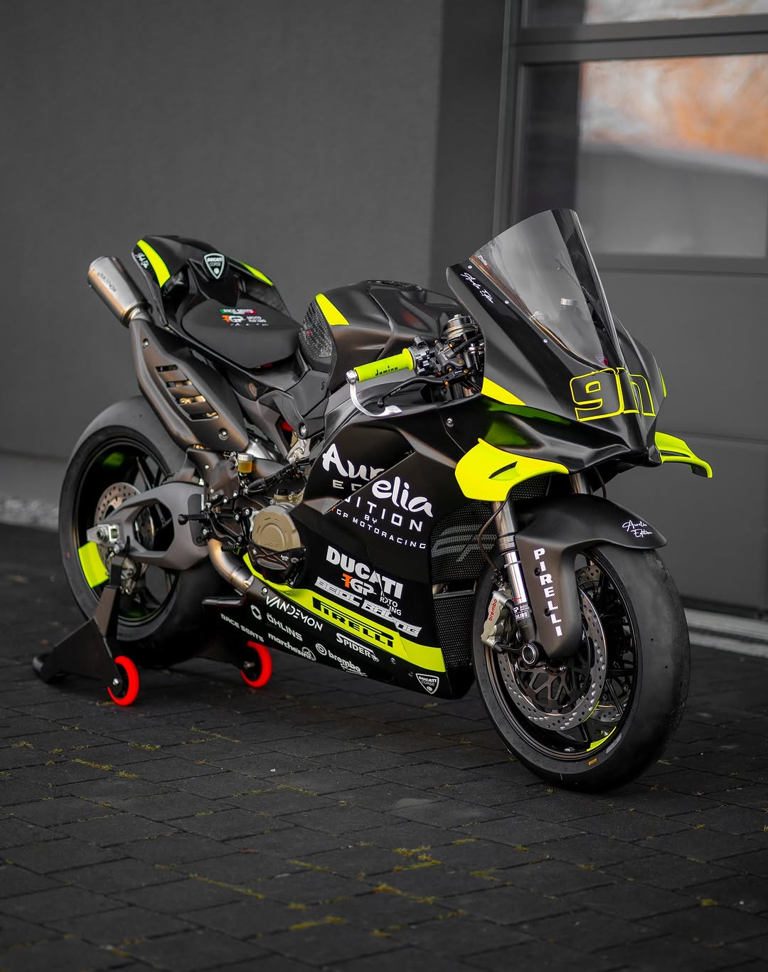 Motorcycle with visible branding on a dark surface