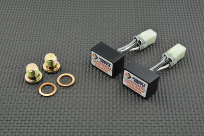 Mechanical parts including bolts, washers, and connectors on a grey textured background