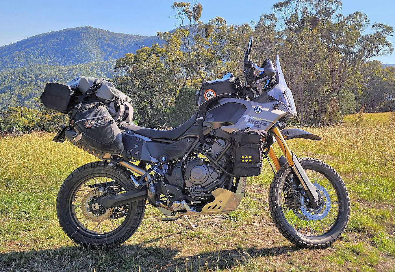 Motorcycle with luggage in a field with mountains and trees in the background