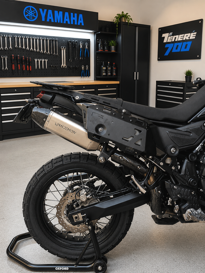 Motorcycle in a garage with Yamaha and Tenere 700 branding.